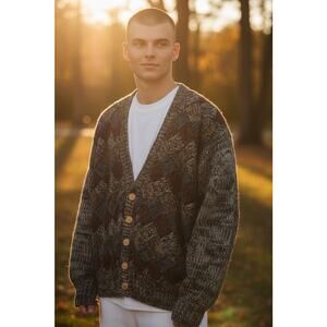 Vtg‎ Chunky Knit Cardigan 90s Sz L Sweater Grunge Biggie Cosby Grandpa Oversized